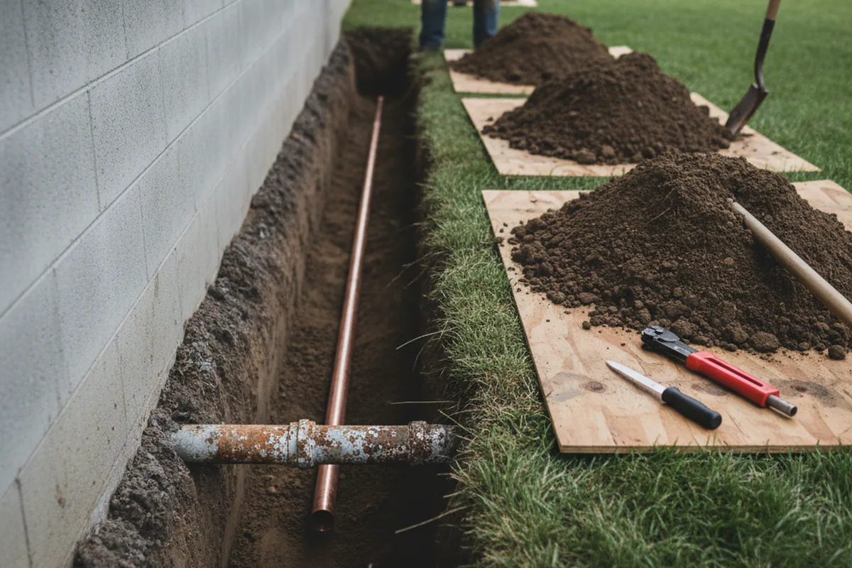 Excavated water line trench during Water Heater Repair in Mattapoisett